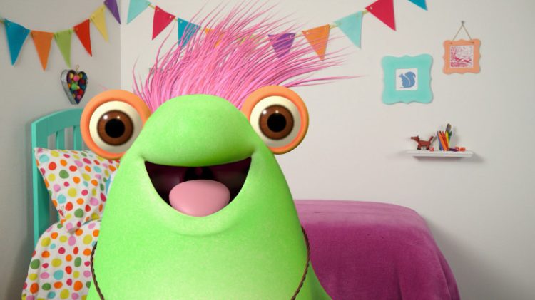 An animated green alien with pink hair smiles