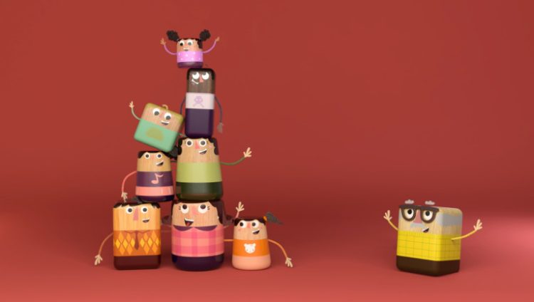 Cartoony blocks that look like people are piled on each other to form a pyramid.