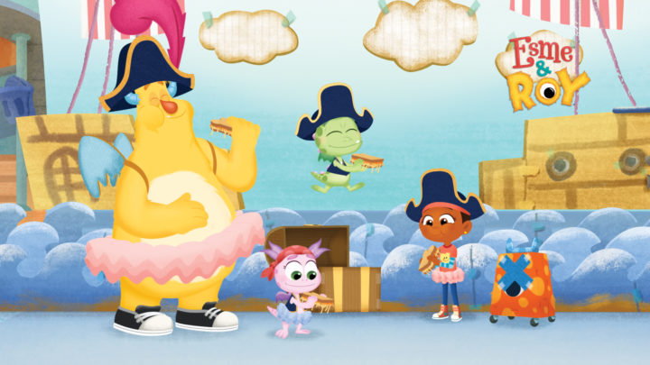 Esme, Roy, and friends are dressed as pirates while eating snacks.