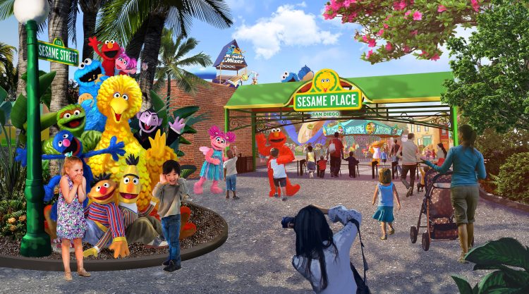 An artist's rendering of the entrance to Sesame Place in San Diego. Muppet characters greet children and adults as they walk through the entrance.