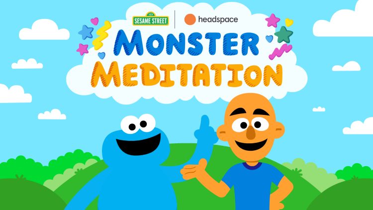 A cartoon illustration of Cookie Monster and Andy Puddicombe pointing up to the title of the podcast series.