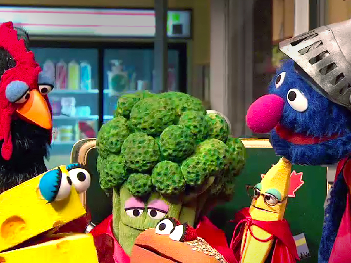 Super Grover with vegetable Muppets