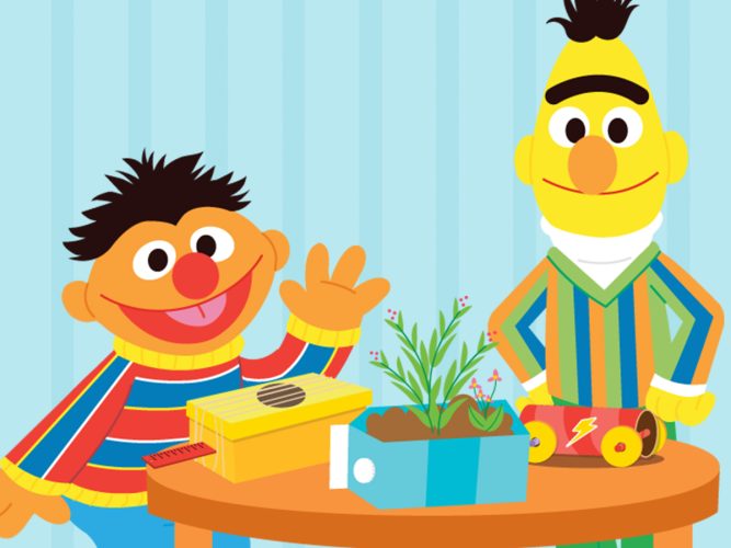 Bert and Ernie with recycled crafts.