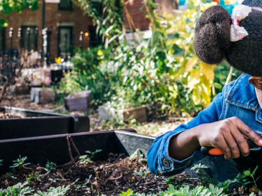 A young girl uses a magnifying glass to inspect soil with Grover.