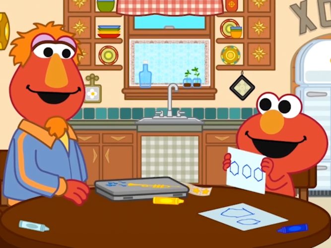 Elmo and his dad Louie at the kitchen table.