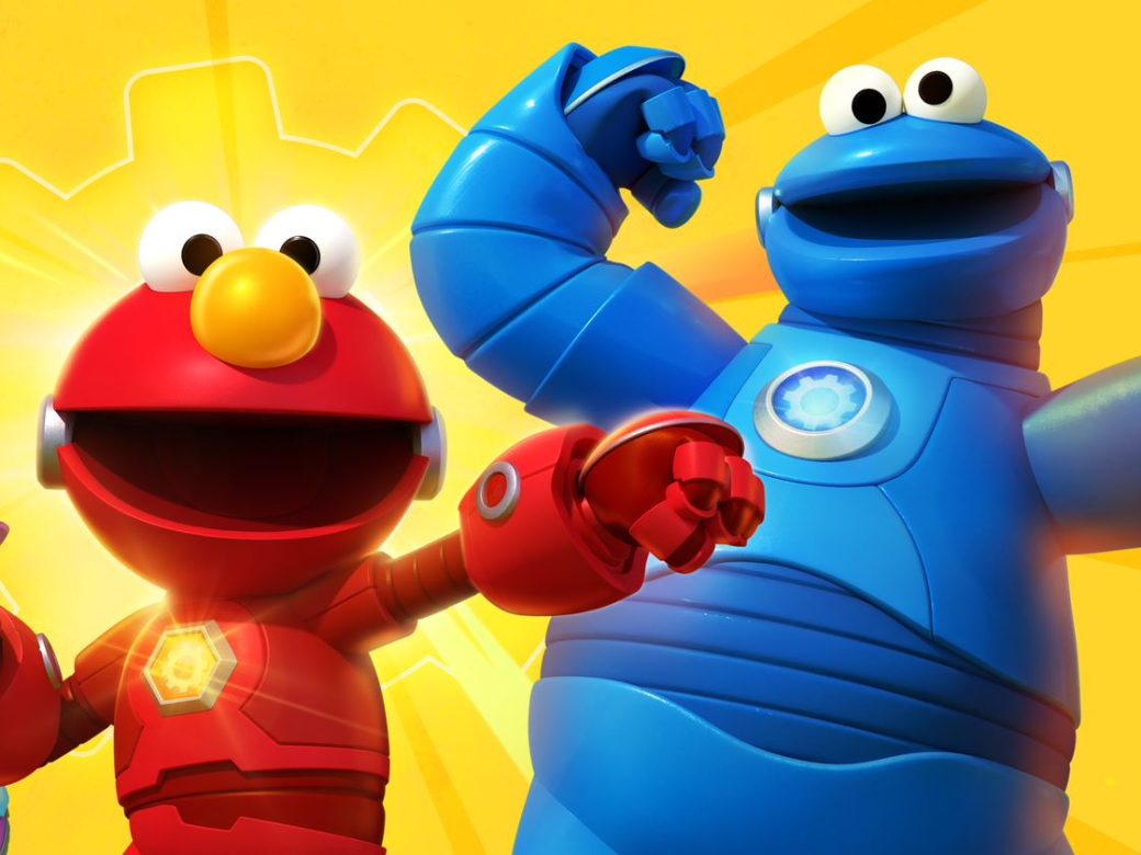 Mecha Elmo, Mecha Cookie, and Mecha Abby pose as superheroes.