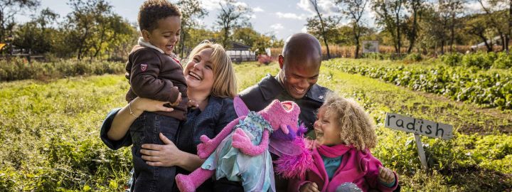 Abby Cadabby and a family laughing on a farm.