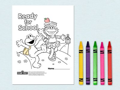 A blank color page featuring Elmo on his way to school.