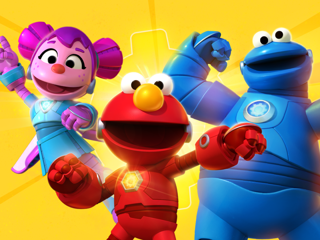 Mecha Elmo, Mecha Cookie, and Mecha Abby pose as superheroes.
