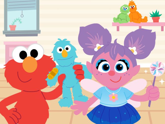 an Illustrated Elmo holding a doll next to Abby Cadabby.