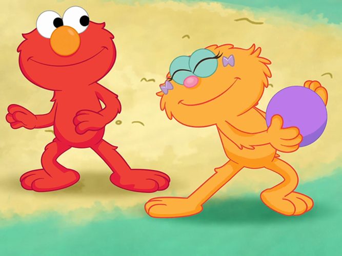 Elmo and Zoe playing ball.