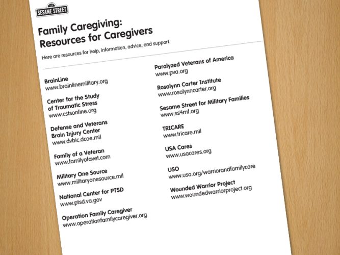 A piece of paper detailing different resources for Caregivers