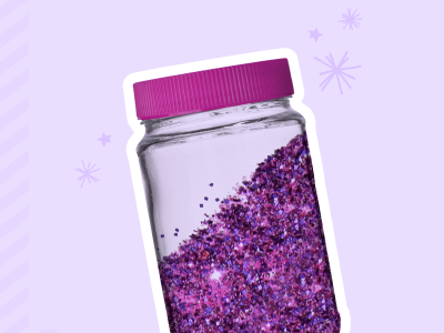A clear jar of purple glitter.