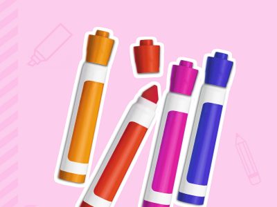 An orange, red, pink, and blue felt-tipped marker lay on a pink background. The red marker's cap is off.