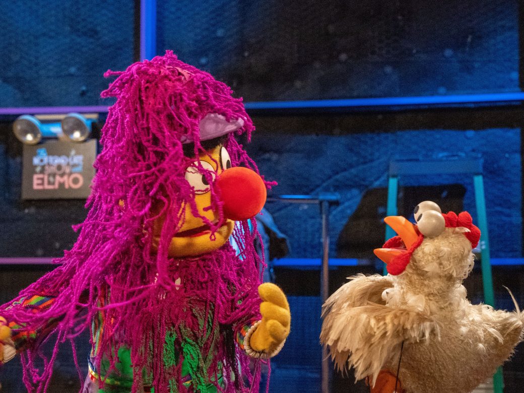 Bert, covered in silly string, looks at a chicken