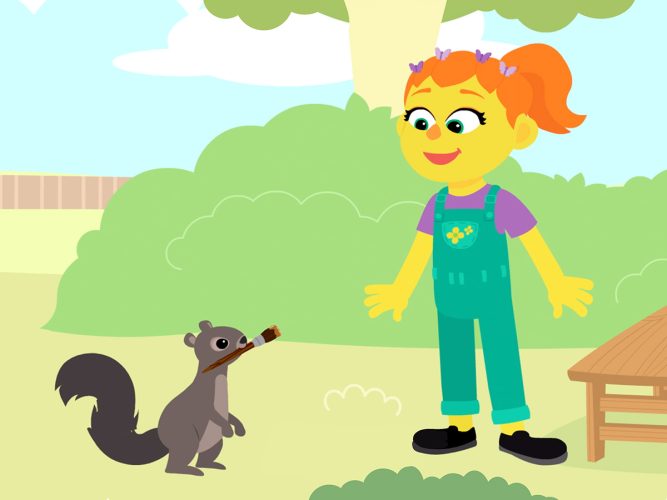 An animation of Julia smiling at a squirrel