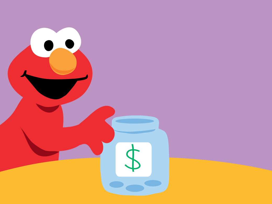 An animation of Elmo putting money in a jar.