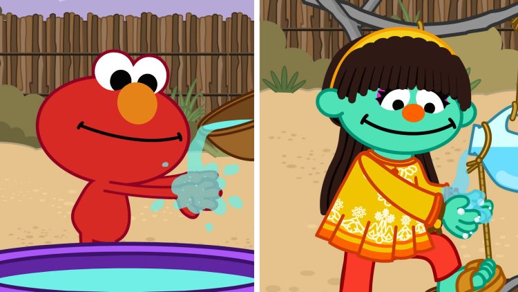 An animation of Raya and Elmo washing their hands