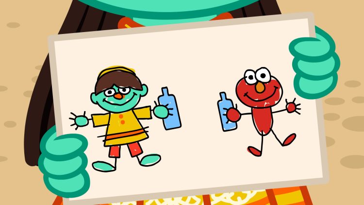 A drawing of Raya and Elmo drinking water