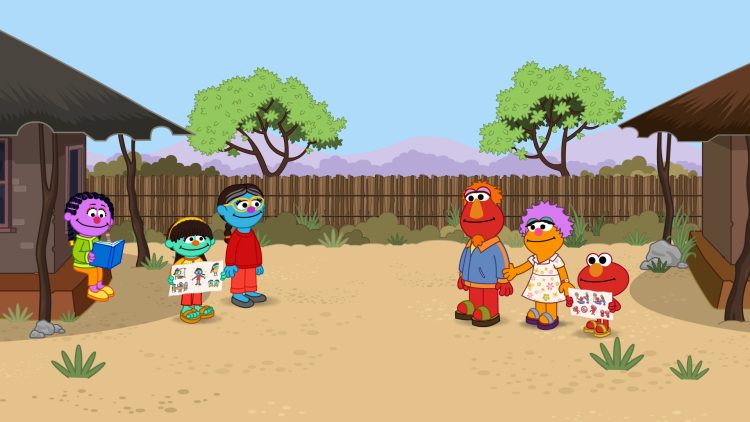 Elmo and his family share drawings with Raya and her family