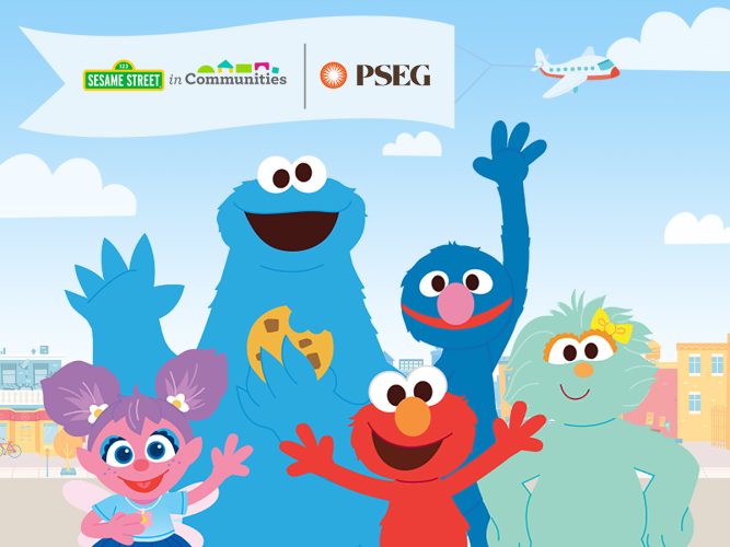 Animated Muppets wave as an airplane flies with a flag of the PSEG logo and the Sesame Street in Communities Logo