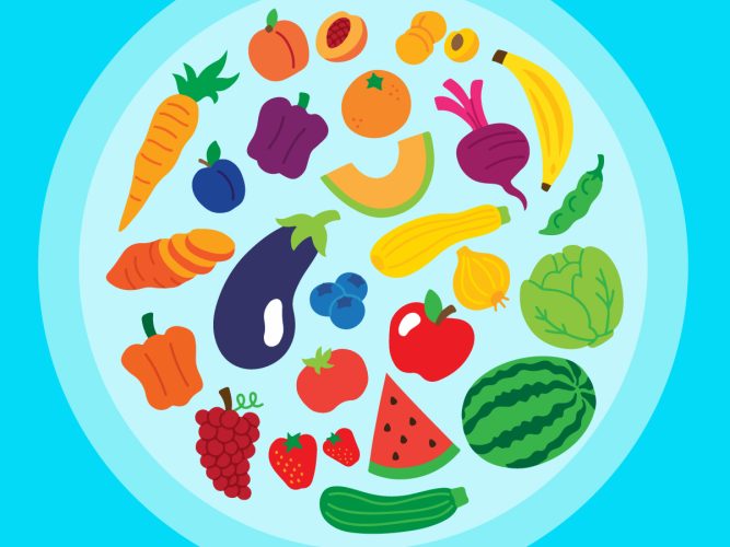 An animation of fruits and vegetables in a blue circle