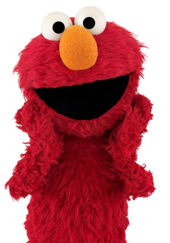 Elmo posing with his head in his hands