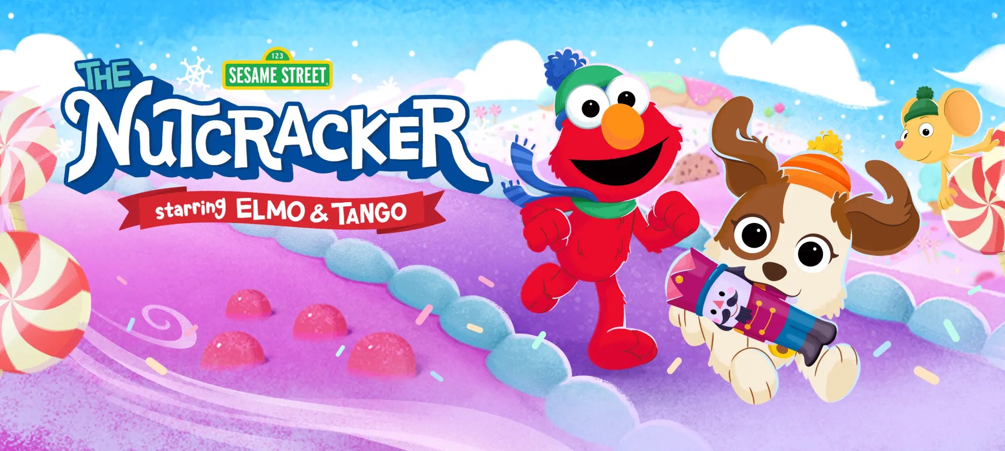 Elmo runs after Tango, his dog. Tango has a nutcracker in its mouth.