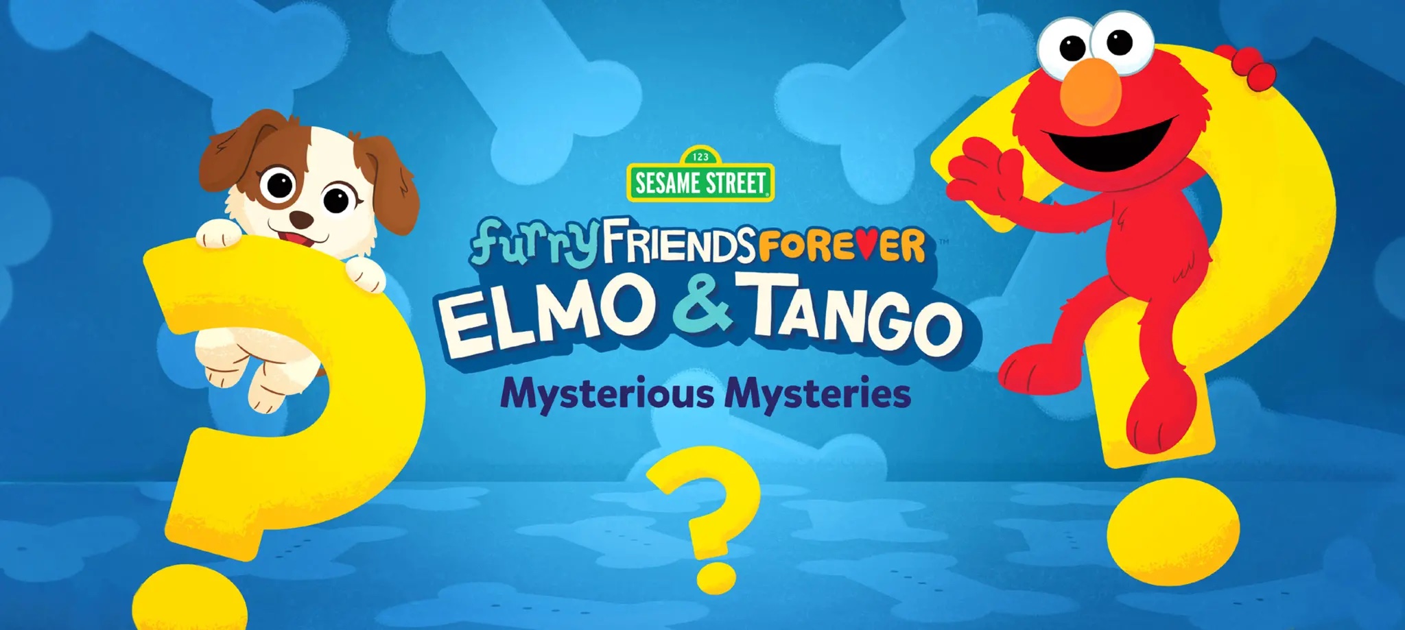 Tango and Elmo play on two over-sized question marks.