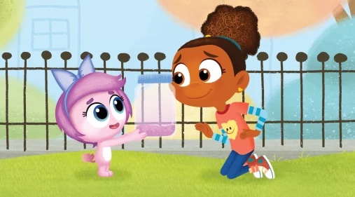At a park, Esme kneels down in front of Lucy, a small, light purple monster who wears a blue bow on her head. Lucy is holding out an empty jar.