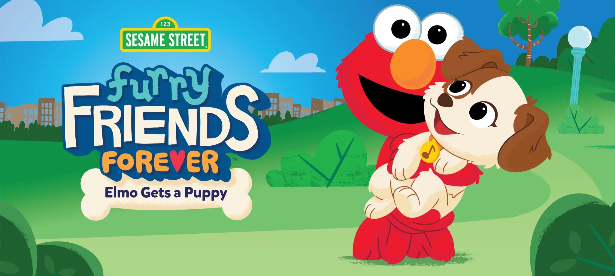 A cartoon Elmo holds a puppy.