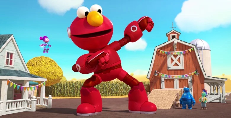 Mecha Elmo strikes a power pose on a farm.