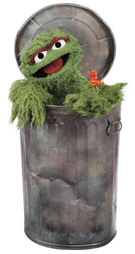 Oscar sitting in his trash can with a happy Slimey