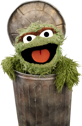 Oscar the Grouch sticking out of his trash can
