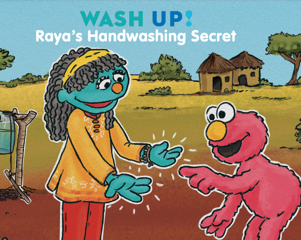 Raya holds her hands out to show Elmo how well she washed them.