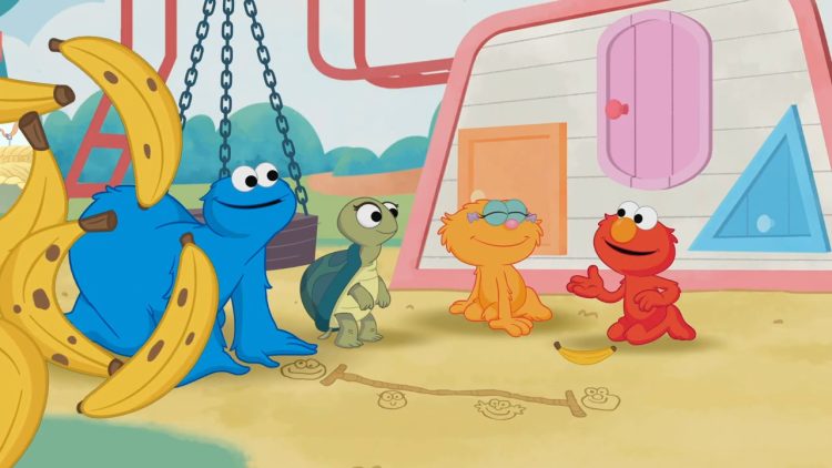 An animation of Cookie Monster, Turtle, Zoe, and Elmo