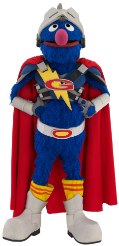 Super Grover posing with his hands on his hips