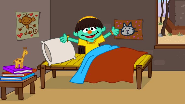 An animation of Raya waking up