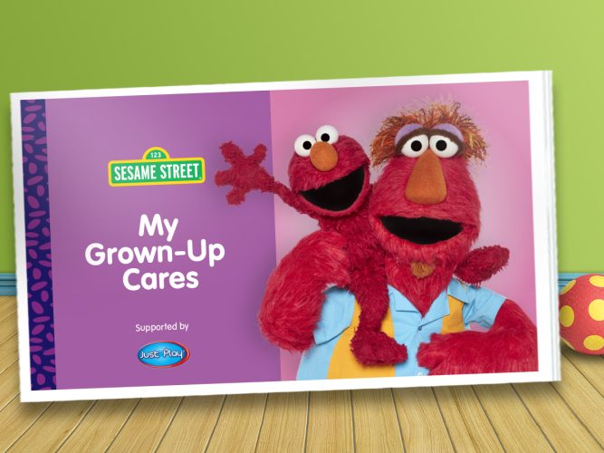 'My Grown-Up Cares' Storybook featuring Elmo on his dad's shoulder.