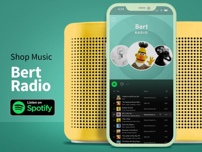 An iPhone and speaker playing 'Bert' Radio