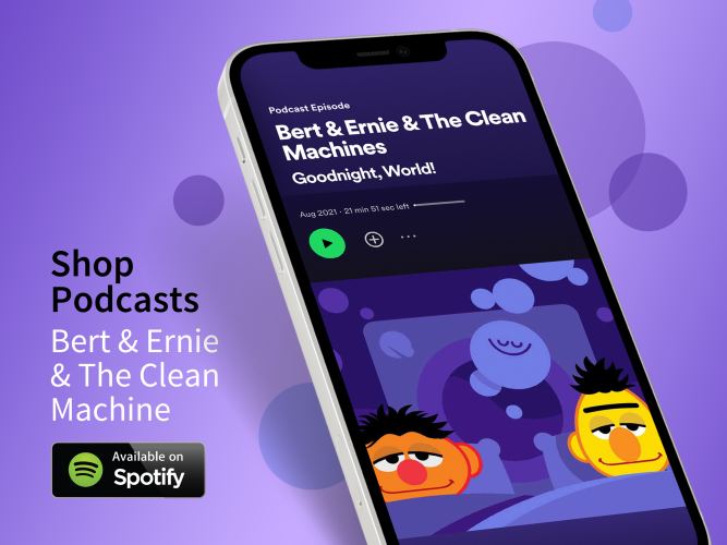 An iPhone showing the 'Bert & Ernie & The Clean Machine' podcast