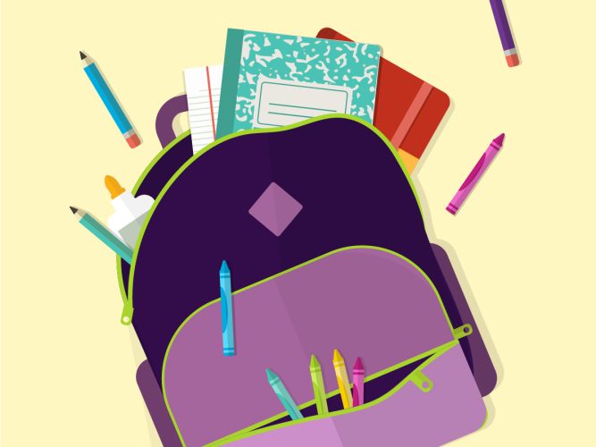A graphic of a backpack with crayons and notebooks spilling out