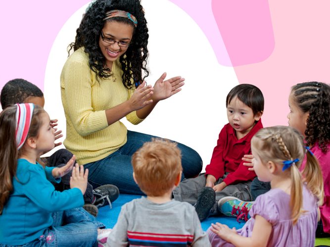 A teacher clapping with children.