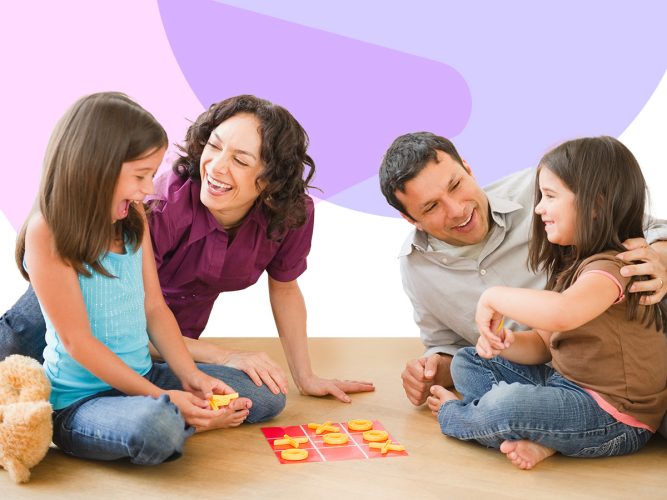 A family playing tic-tac-toe.