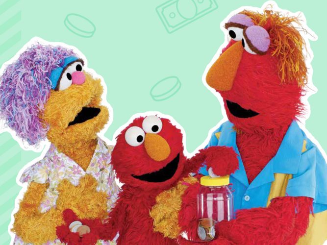 Elmo and his parents with a savings jar.