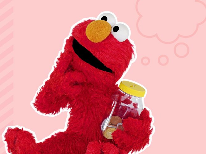 Elmo holding a savings jar.