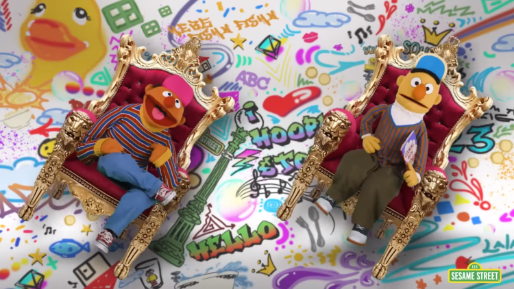 Bert and Ernie spinning on thrones in a Fresh Prince of Bel-Air inspired music video