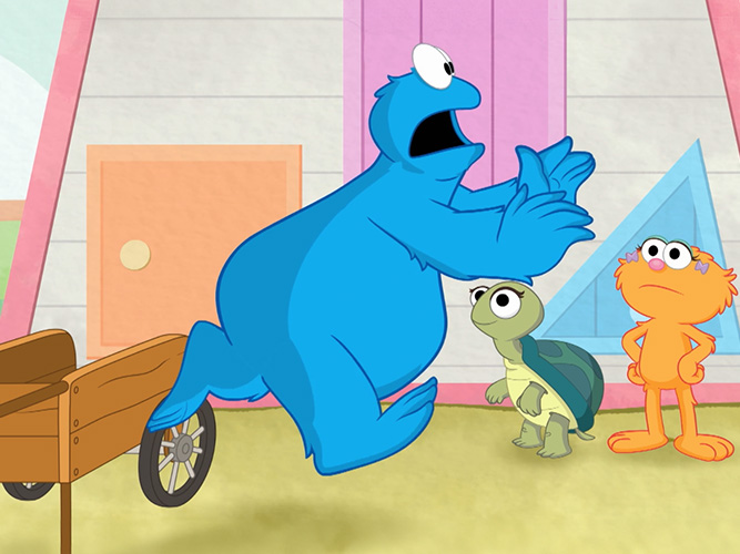 Cookie Monster running away.