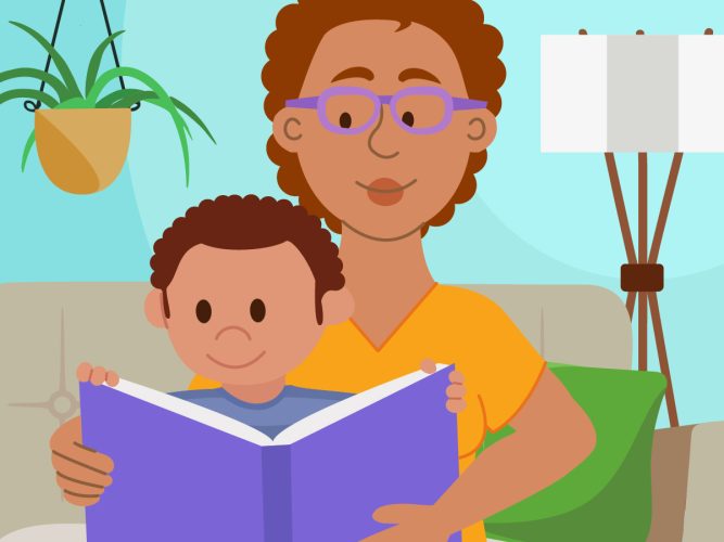 An animation of a parent reading to their child