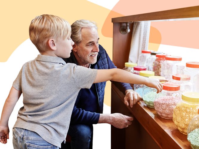 A caregiver and a child point out different snacks